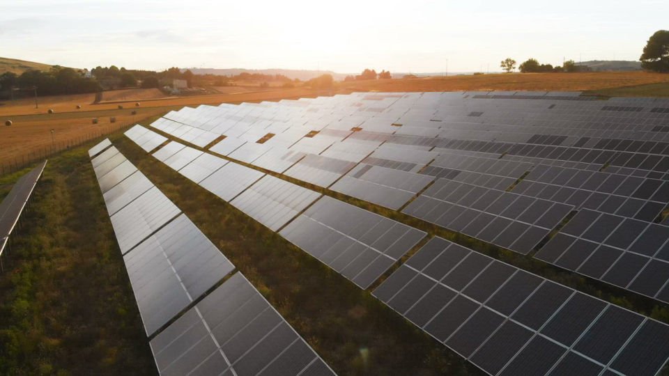 Solar panels at sunset